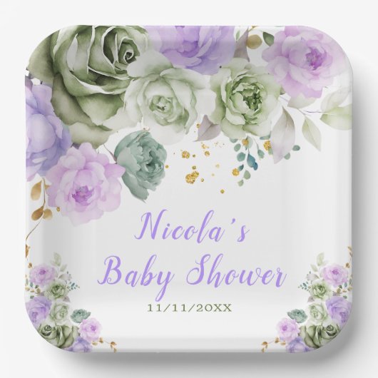 Assiettes En Carton Baby shower floral vert Sage et violet (Recto)
