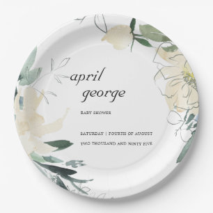 ASSIETTES EN CARTON BABY SHOWER FLORALE D'EAU FLORALE VERT EN IVOIRE P