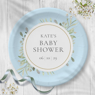 Assiettes En Carton Baby Shower Garçon Bleu Aquarelle de Verdure