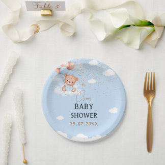 Assiettes En Carton Baby shower garçon bleu clair ours en peluche