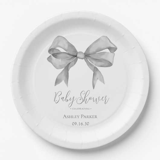 Assiettes En Carton Baby shower Garçon de Grey Bow (Devant)
