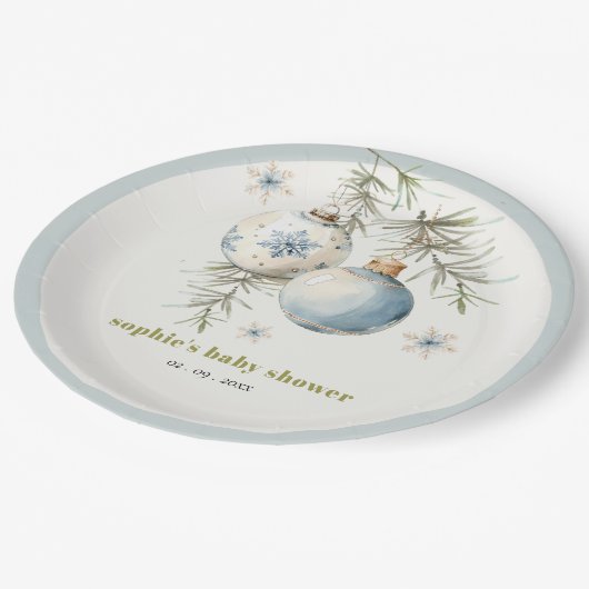 Assiettes En Carton Baby shower Garçon de Noël Bleu Minimal d'hiver (Angle)