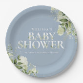Assiettes En Carton Baby shower garçon Dusty Blue Greenery (Devant)