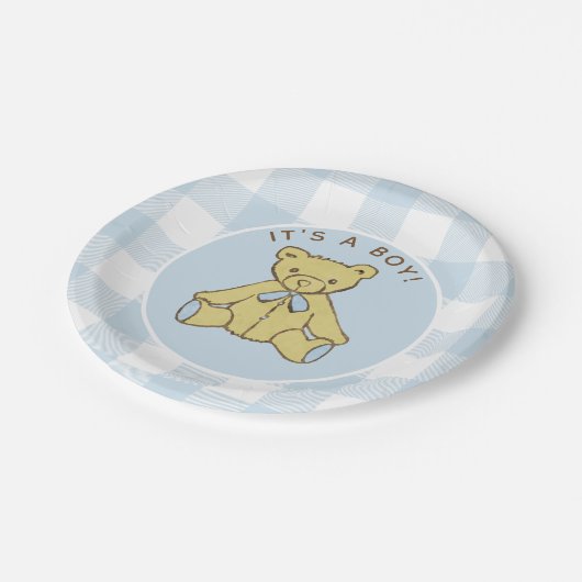 Assiettes En Carton Baby shower Garçon ours avec Bleu Buffalo Check (Angle)