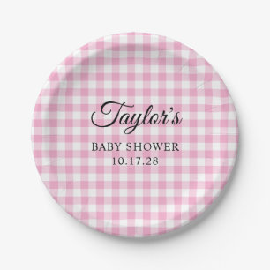 Assiettes En Carton Baby shower gingham carreaux rose clair