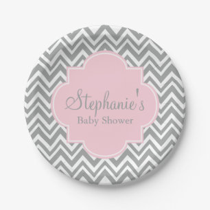 Assiettes En Carton Baby shower gris, blanc et rose pastel Chevron