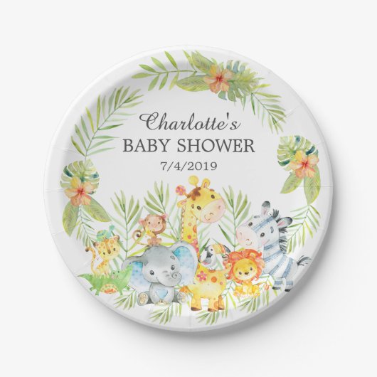 Assiettes En Carton Baby shower jaune 7" d'animaux de jungle plat (Devant)