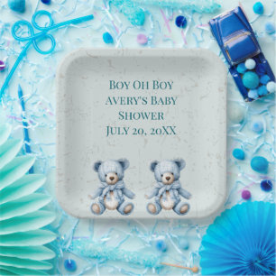 Assiettes En Carton Baby shower jumeau Nounours bleu