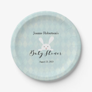 Assiettes En Carton Baby shower lapin blanc Jacquard bleu Aqua