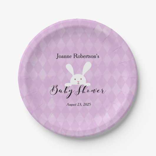 Assiettes En Carton Baby shower lapin blanc | Jacquard pourpre (Devant)