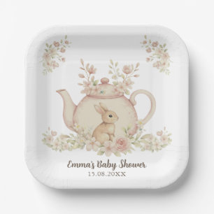 Assiettes En Carton Baby Shower Lapin Neutre & Théière Florale