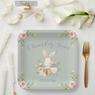 Assiettes En Carton Baby shower lapin vert Sage