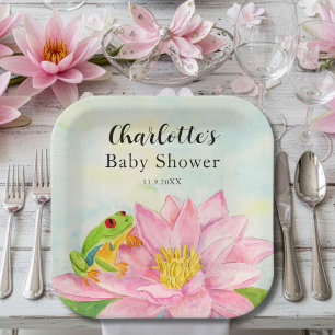 Assiettes En Carton Baby Shower Lys Nénuphar Rose & Grenouille