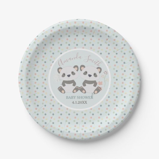 Assiettes En Carton Baby shower mignon de jumeaux d'ours panda (Devant)