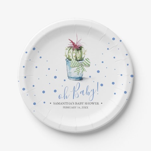 Assiettes En Carton Baby shower moderne bleu et vert Cactus (Devant)