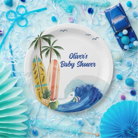 Assiettes En Carton Baby shower moderne Blue Ocean Wave Surboard (Fête)