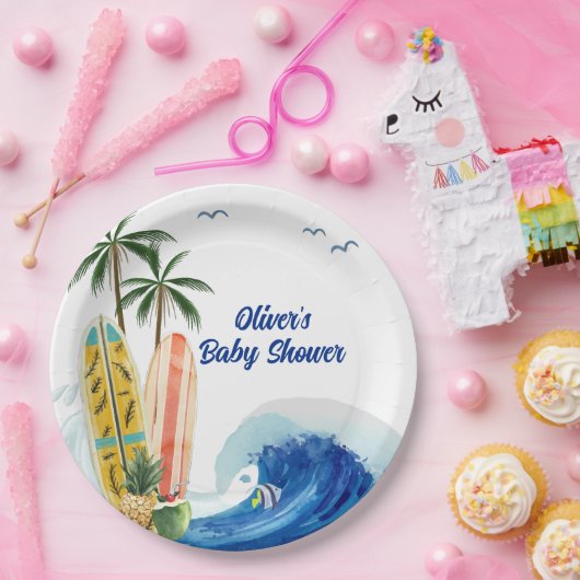 Assiettes En Carton Baby shower moderne Blue Ocean Wave Surboard (Fête)