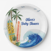 Assiettes En Carton Baby shower moderne Blue Ocean Wave Surboard (Devant)