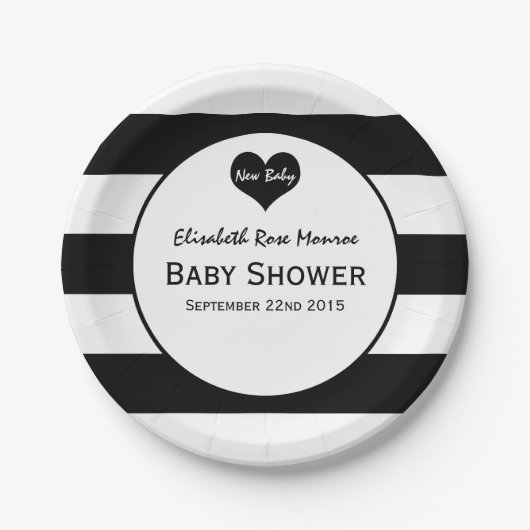 Assiettes En Carton Baby shower moderne chic noir & blanc (Devant)