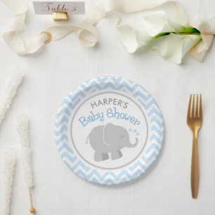 Assiettes En Carton Baby shower moderne éléphant bleu et gris