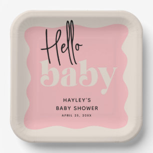 Assiettes En Carton Baby shower moderne Hello Baby Pink & Cream