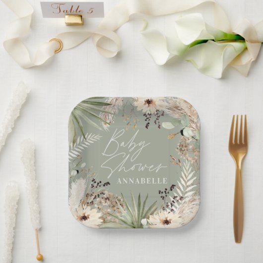 Assiettes En Carton Baby shower moderne rustique pampas herbe feuillag (Mariage)