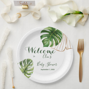 Assiettes En Carton Baby shower moderne vert feuille genre neutre