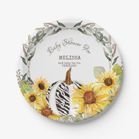 Assiettes En Carton Baby shower moderne Zebra White Citrouille Sunflow (Devant)