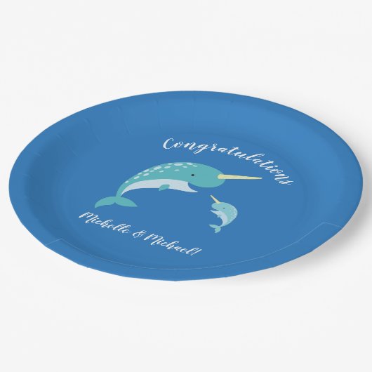 Assiettes En Carton Baby shower Narwhal Blue Boy Whale (Angle)