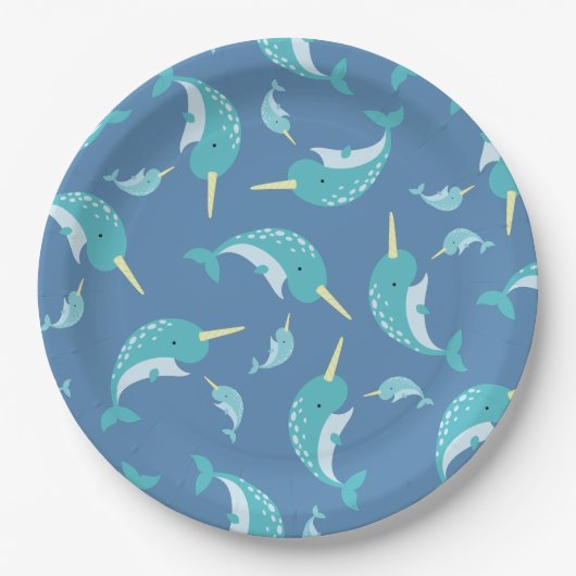 Assiettes En Carton Baby shower Narwhal Blue Boy Whale (Devant)
