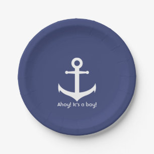 Assiettes En Carton Baby shower Nautical Blue and White Boy