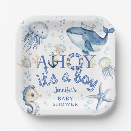Assiettes En Carton Baby shower nautique Ahoy c'est un garçon bleu mar (Recto)