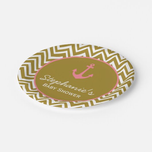 Assiettes En Carton Baby shower nautique Gold et Rose Chevron (Angle)