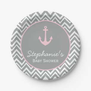 Assiettes En Carton Baby shower nautique gris et rose pastel Chevron