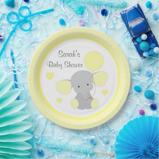 Assiettes En Carton Baby shower neutre Arrosage d'éléphant gris jaune (Fête)