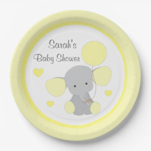 Assiettes En Carton Baby shower neutre Arrosage d'éléphant gris jaune