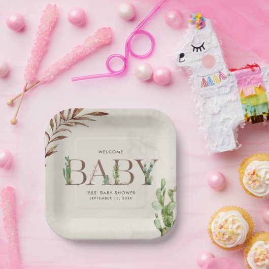 Assiettes En Carton Baby shower neutre en cuir Cactus (Fête)