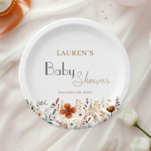 Assiettes En Carton Baby shower Neutre Fleur sauvage Boho Genre 