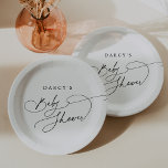 Assiettes En Carton Baby shower noir blanc minimaliste moderne<br><div class="desc">Ces assiettes de papier baby shower noir et blanc minimaliste de la Darcy Collection sont parfaites pour un baby shower simple. Le design minimaliste moderne présente une calligraphie romantique en noir et blanc intemporelle avec un style de conte de fées bohème. Personnalisez vos assiettes de baby shower avec le nom...</div>