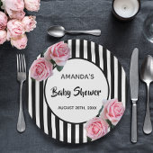 Assiettes En Carton Baby shower noir blanc rayures rose roses