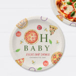 Assiettes En Carton Baby shower Oh Baby Pizza   Pacificateurs<br><div class="desc">Pizza & Pacifiers baby shower pizza thème de fête avec Illustration d'une pizza pepperoni incorporée dans le design "oh bébé" avec des illustrations de pizza,  tomate,  basilic,  oignon,  et de pacifier tout autour.</div>