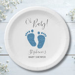 Assiettes En Carton Baby shower Oh Boy Blue Feet<br><div class="desc">Cette jolie plaque de papier Baby shower de garçon est décorée de pieds de bébé en parties scintillant bleue et les mots,  Oh garçon! Facile à personnaliser.</div>