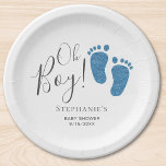 Assiettes En Carton Baby shower Oh Boy Blue Feet<br><div class="desc">Cette jolie plaque de papier Baby shower de garçon est décorée de pieds de bébé en parties scintillant bleue et les mots,  Oh garçon! Facile à personnaliser.</div>