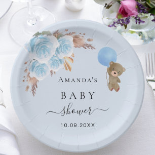 Assiettes En Carton Baby shower ours en peluche garçon pampas herbe bl