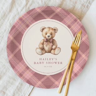 Assiettes En Carton Baby Shower Ours en Velours Tartan Rose Vintage