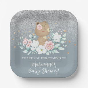 Assiettes En Carton Baby Shower Ours Fleurs Paillettes Bleu Uni
