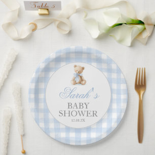 Assiettes En Carton Baby-shower ours l'ourson à carreaux bleus