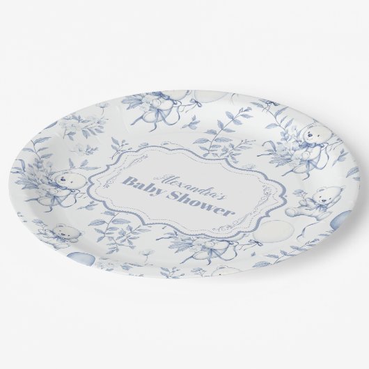 Assiettes En Carton Baby shower Ours Toile De Jouy (Angle)