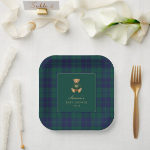Assiettes En Carton Baby Shower Ours Vert Classique à Carreaux