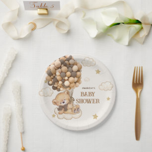 Assiettes En Carton Baby shower Ourson tenant des ballons marrons